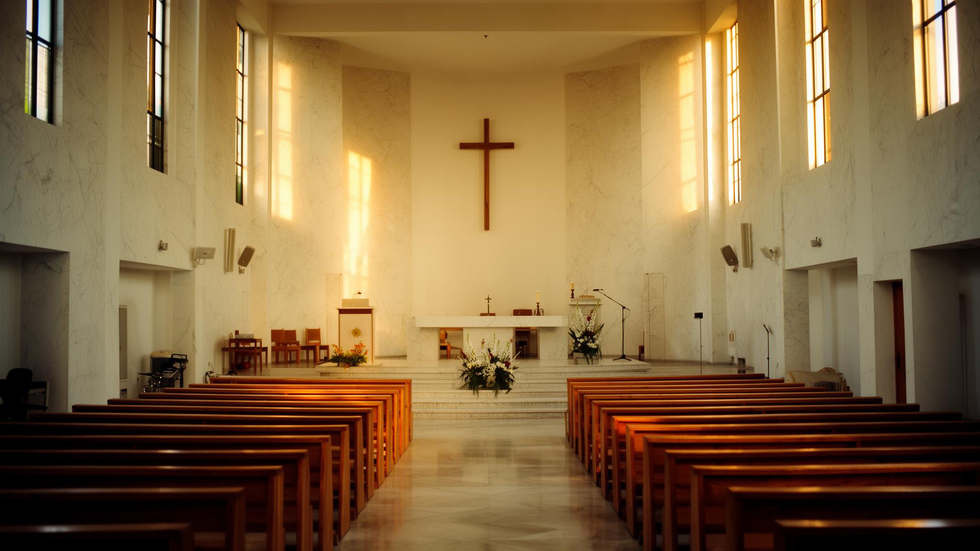 Interior de una iglesia moderna con luz cálida